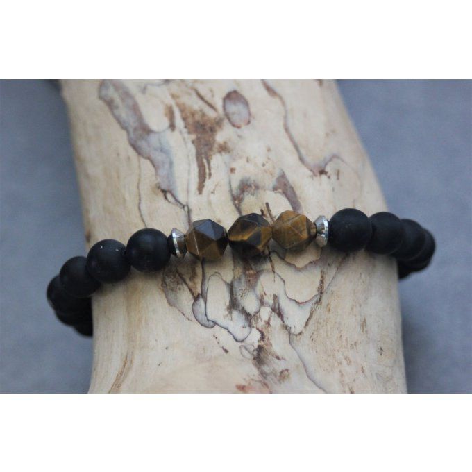 Bracelet en perles onyx mat, oeil de tigre et acier inoxydable