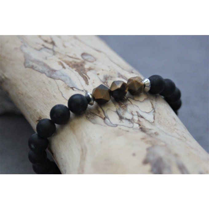 Bracelet en perles onyx mat, oeil de tigre et acier inoxydable