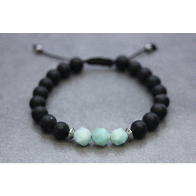 Bracelet en perles onyx mat, amazonite et acier inoxydable