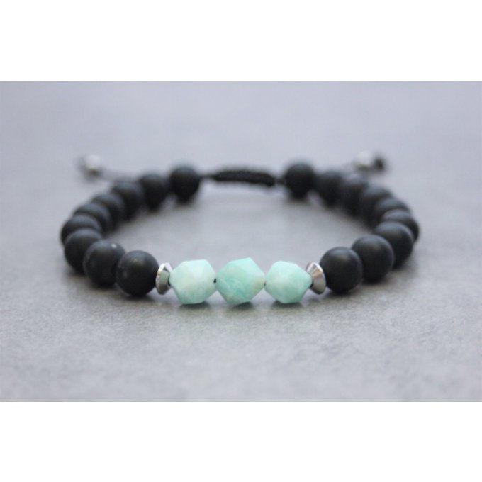 Bracelet en perles onyx mat, amazonite et acier inoxydable