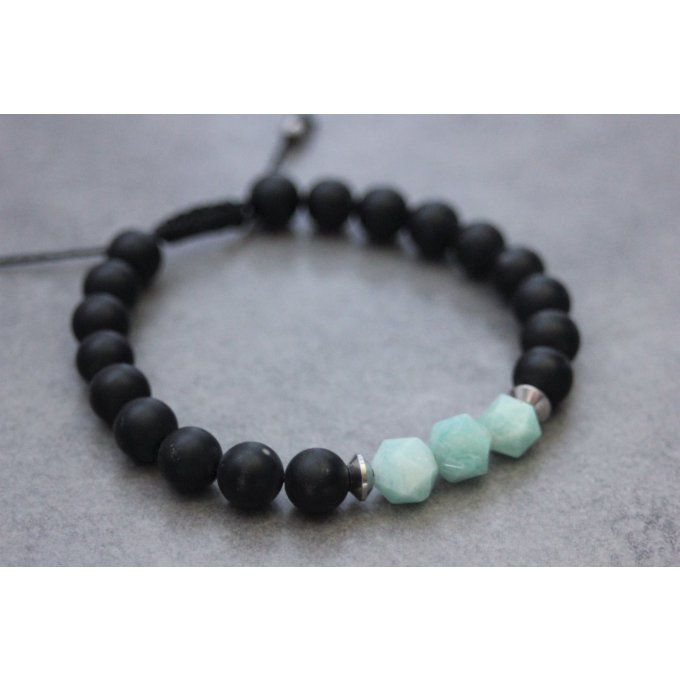 Bracelet en perles onyx mat, amazonite et acier inoxydable