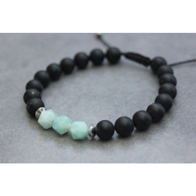 Bracelet en perles onyx mat, amazonite et acier inoxydable