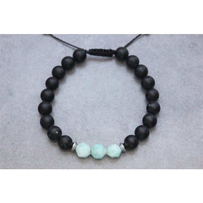 Bracelet en perles onyx mat, amazonite et acier inoxydable