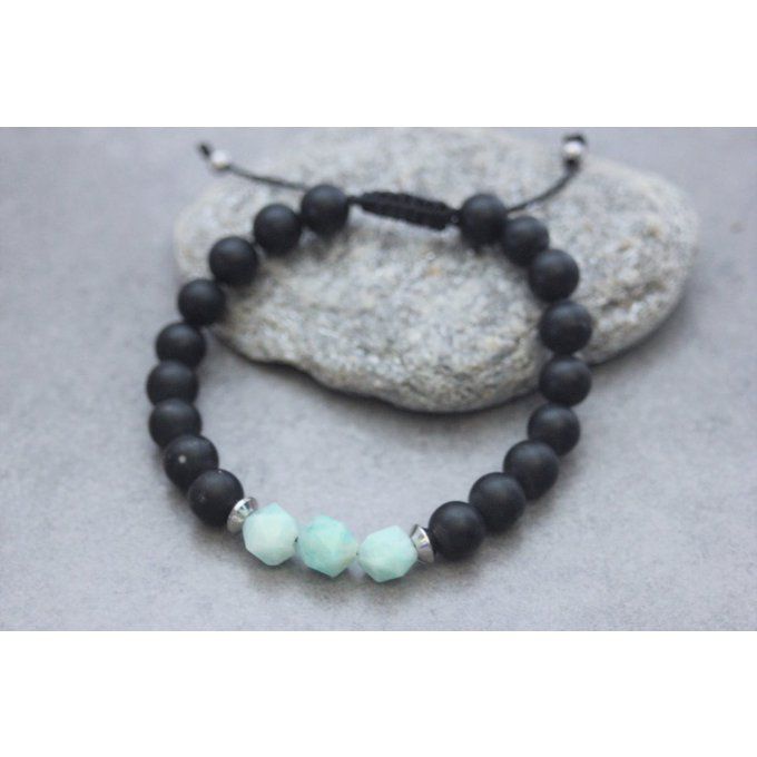 Bracelet en perles onyx mat, amazonite et acier inoxydable