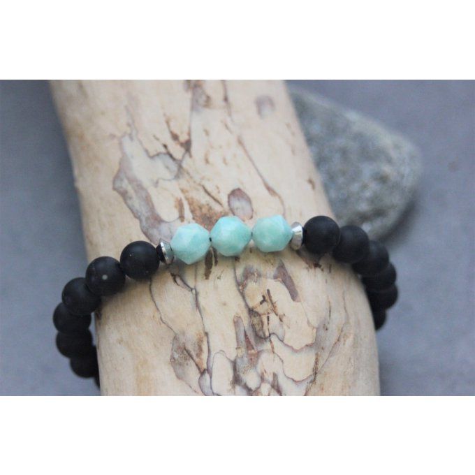 Bracelet en perles onyx mat, amazonite et acier inoxydable