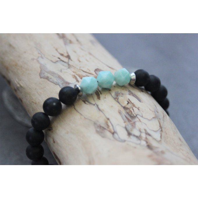 Bracelet en perles onyx mat, amazonite et acier inoxydable