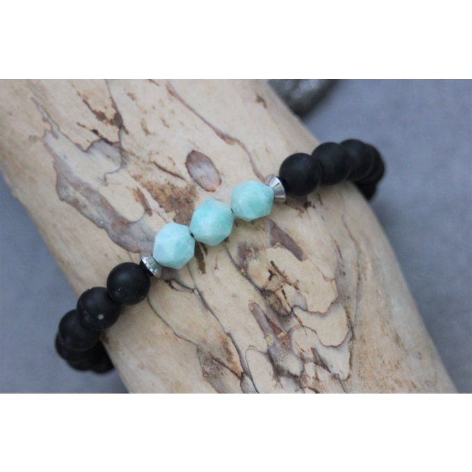 Bracelet en perles onyx mat, amazonite et acier inoxydable