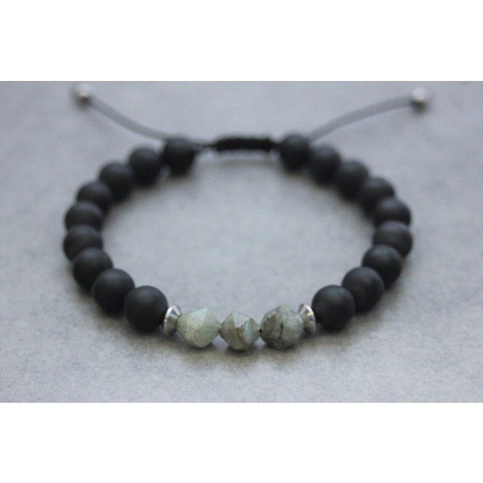 Bracelet en perles onyx mat, labradorite et acier inoxydable