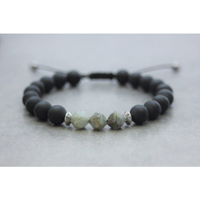 Bracelet en perles onyx mat, labradorite et acier inoxydable