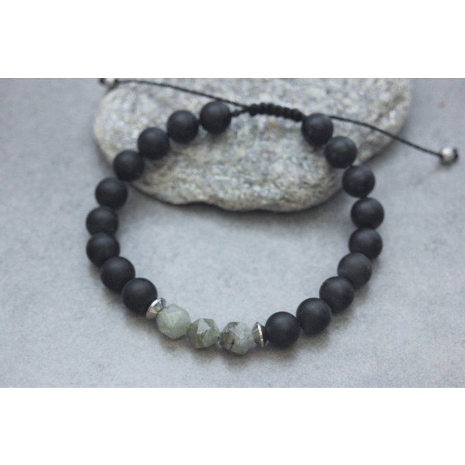 Bracelet en perles onyx mat, labradorite et acier inoxydable