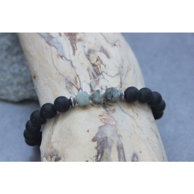 Bracelet en perles onyx mat, labradorite et acier inoxydable