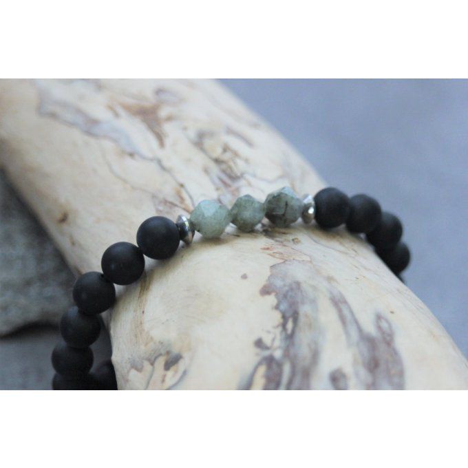 Bracelet en perles onyx mat, labradorite et acier inoxydable