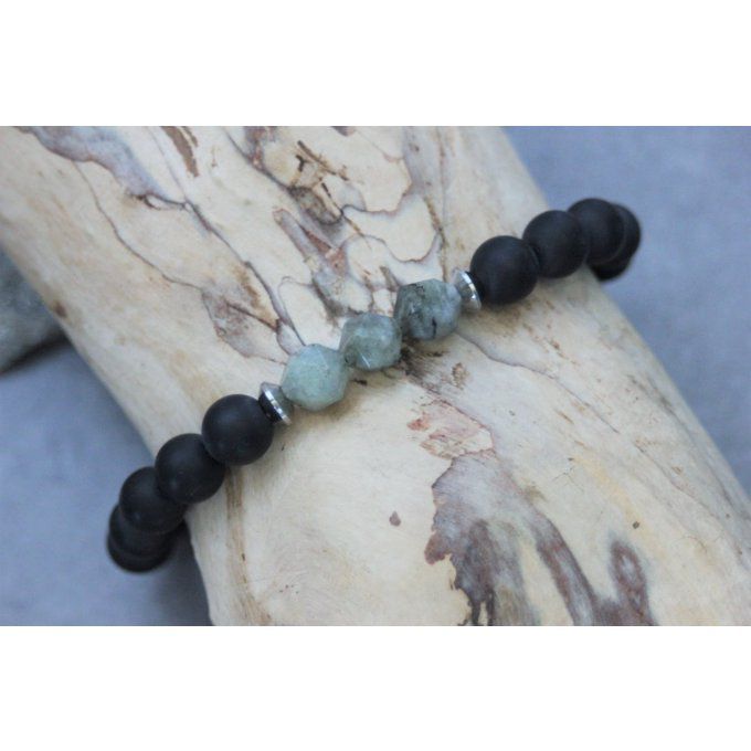 Bracelet en perles onyx mat, labradorite et acier inoxydable