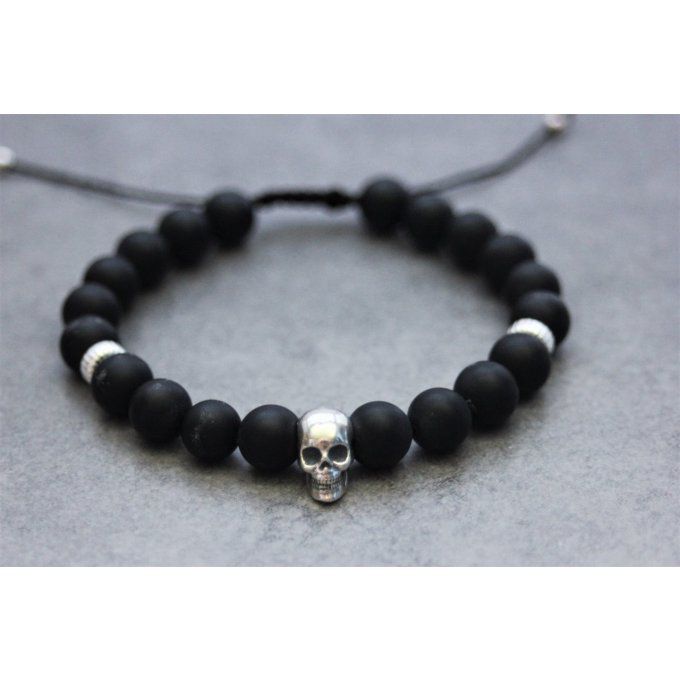 Bracelet perles onyx mat et tête de mort argent 925 