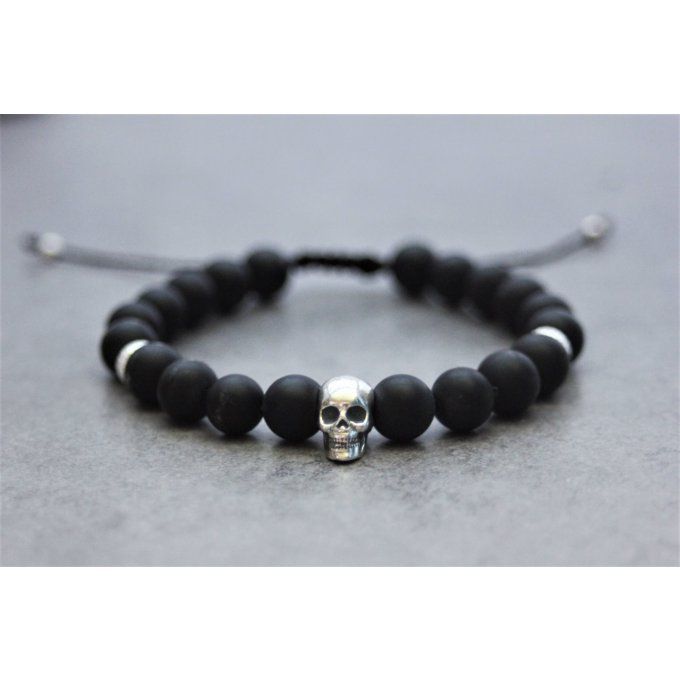 Bracelet perles onyx mat et tête de mort argent 925 