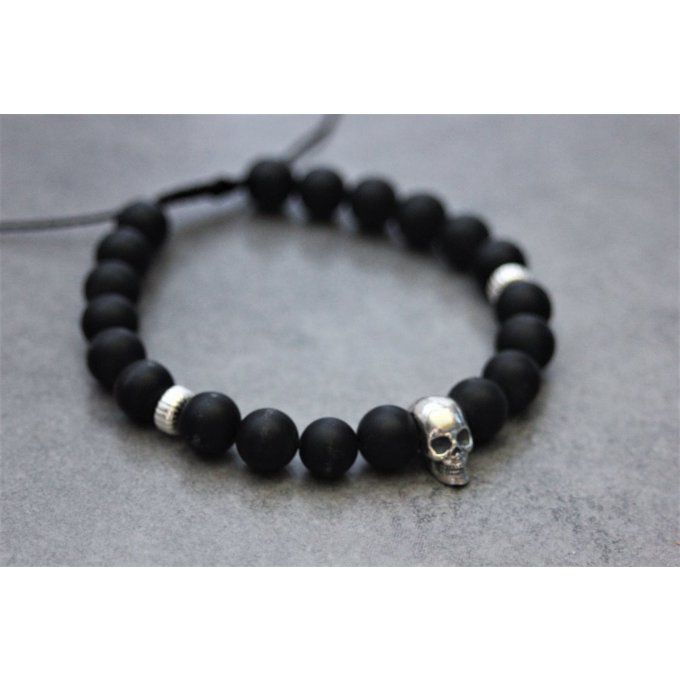 Bracelet perles onyx mat et tête de mort argent 925 