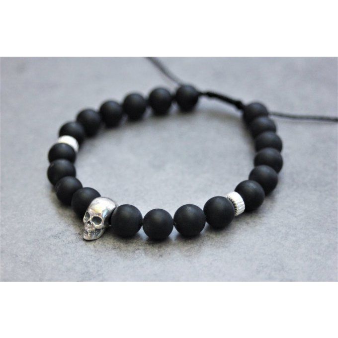 Bracelet perles onyx mat et tête de mort argent 925 