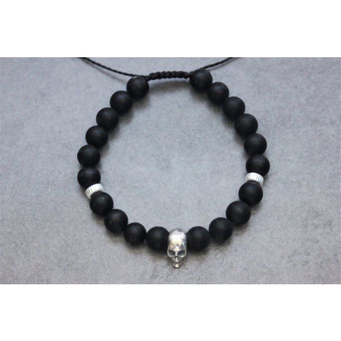 Bracelet perles onyx mat et tête de mort argent 925 