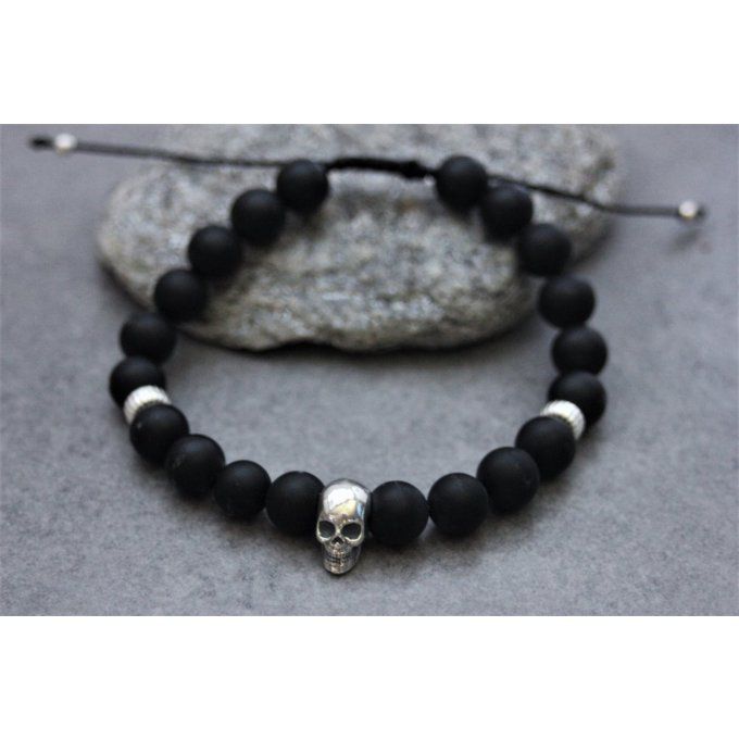 Bracelet perles onyx mat et tête de mort argent 925 