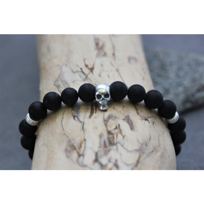 Bracelet perles onyx mat et tête de mort argent 925 