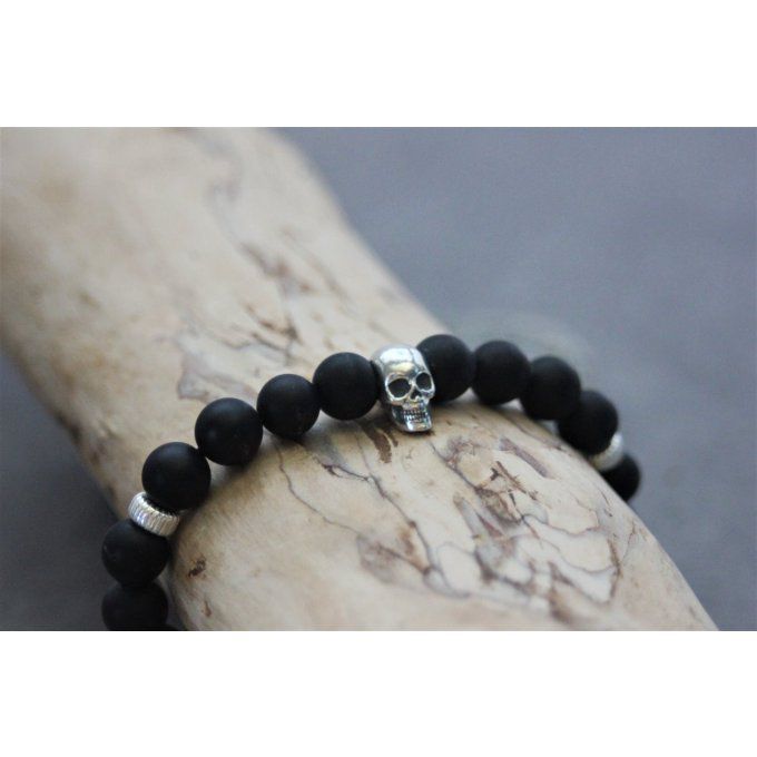 Bracelet perles onyx mat et tête de mort argent 925 