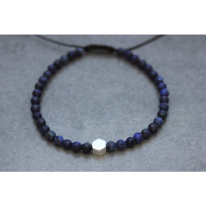 Bracelet perles lapis lazuli et perle hexagone en argent massif