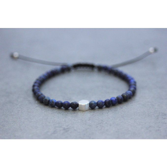 Bracelet perles lapis lazuli et perle hexagone en argent massif