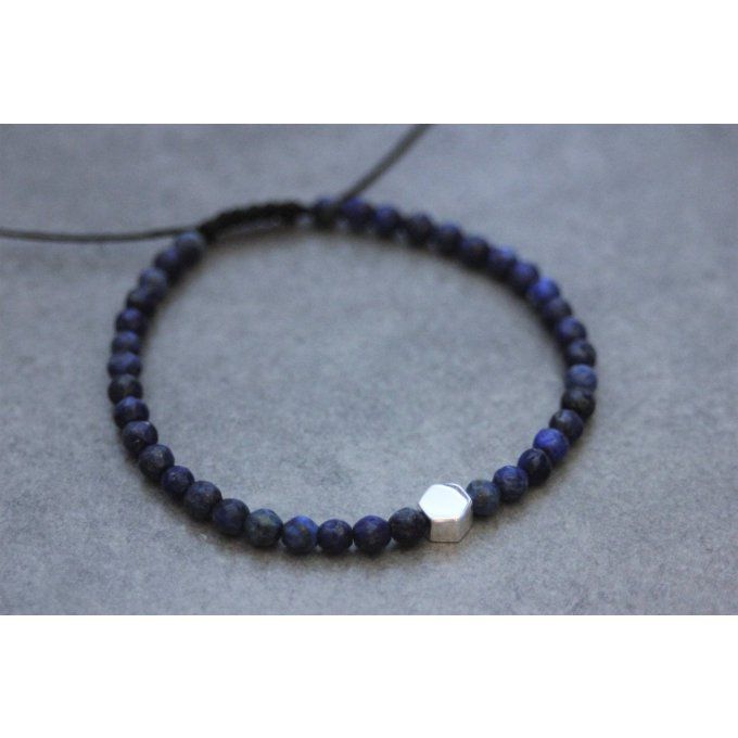 Bracelet perles lapis lazuli et perle hexagone en argent massif