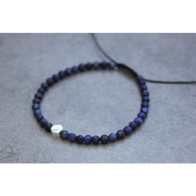 Bracelet perles lapis lazuli et perle hexagone en argent massif