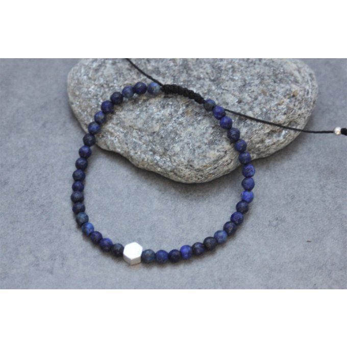 Bracelet perles lapis lazuli et perle hexagone en argent massif