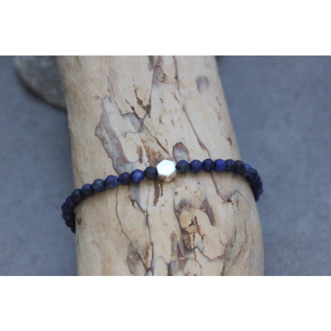 Bracelet perles lapis lazuli et perle hexagone en argent massif