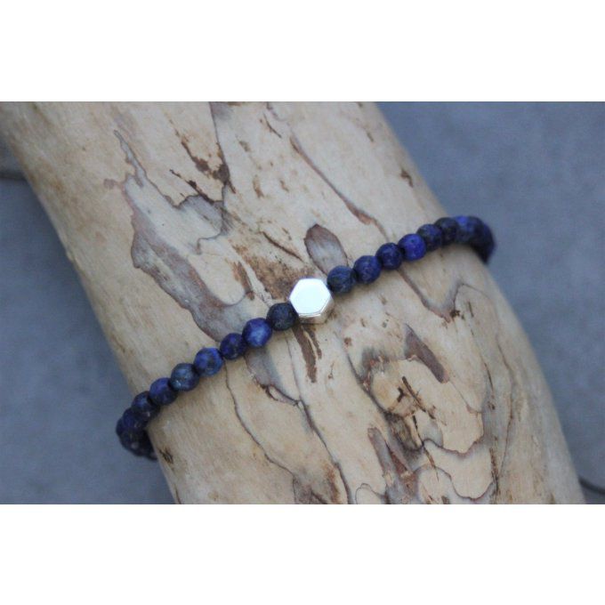 Bracelet perles lapis lazuli et perle hexagone en argent massif