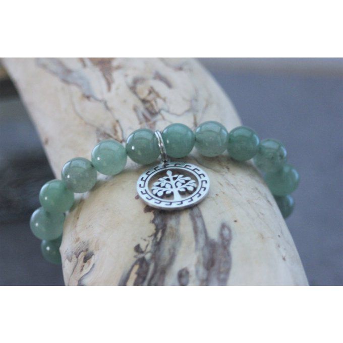 Bracelet perles aventurine et breloque arbre de vie en acier inoxydable