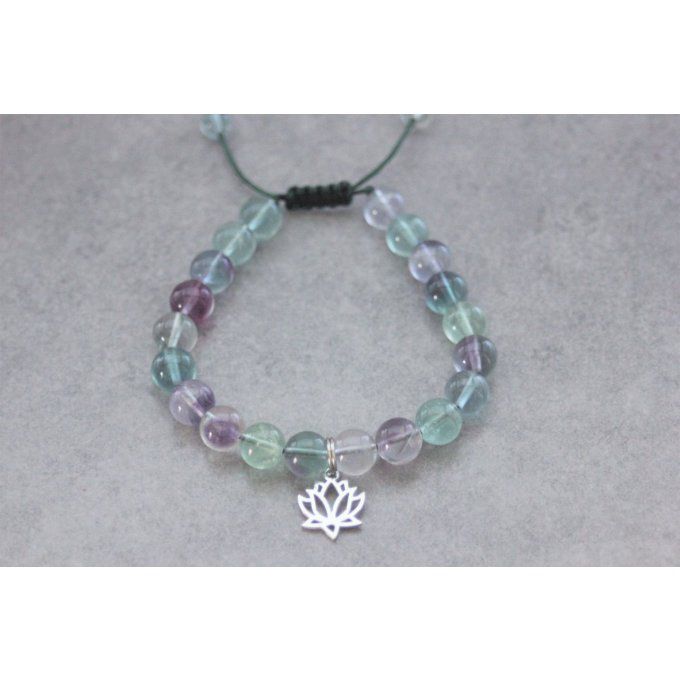 Bracelet perles fluorite et fleur de lotus en acier inoxydable