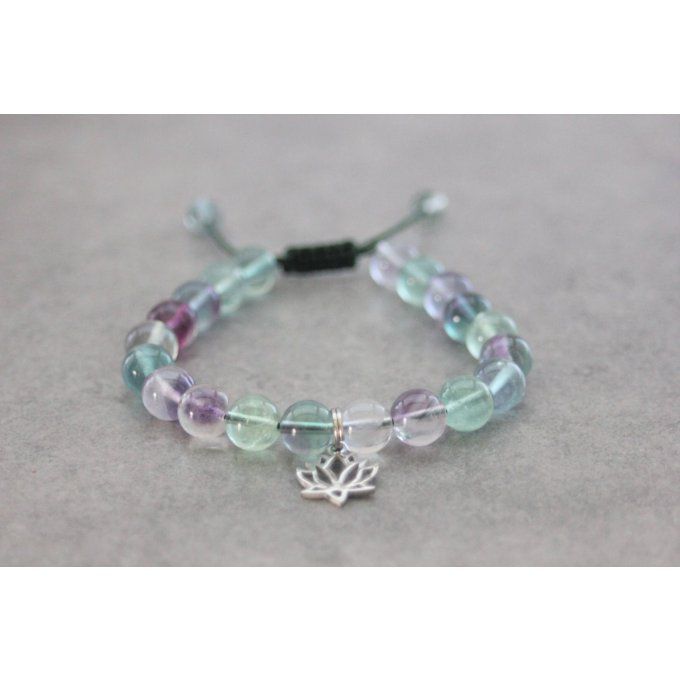 Bracelet perles fluorite et fleur de lotus en acier inoxydable