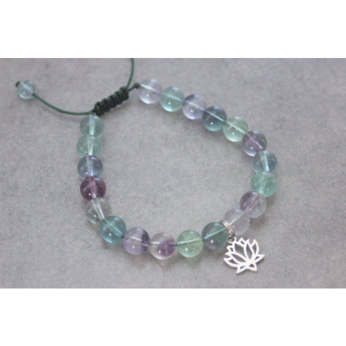 Bracelet perles fluorite et fleur de lotus en acier inoxydable