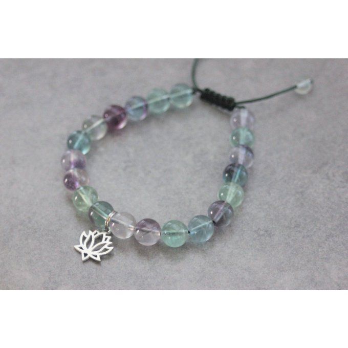 Bracelet perles fluorite et fleur de lotus en acier inoxydable