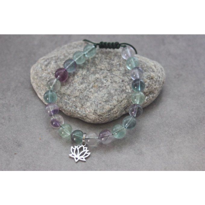 Bracelet perles fluorite et fleur de lotus en acier inoxydable