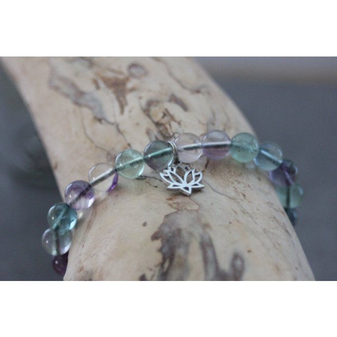 Bracelet perles fluorite et fleur de lotus en acier inoxydable