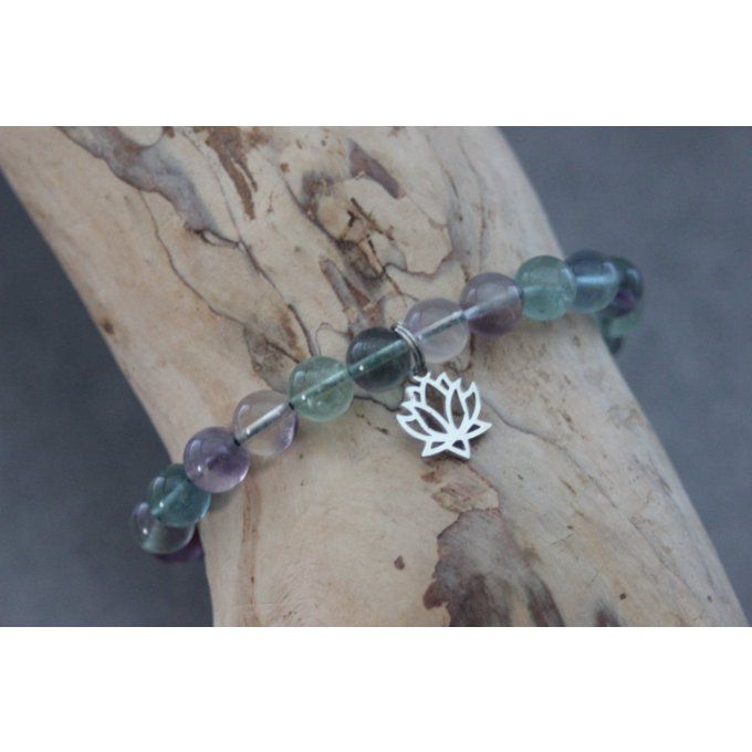Bracelet perles fluorite et fleur de lotus en acier inoxydable