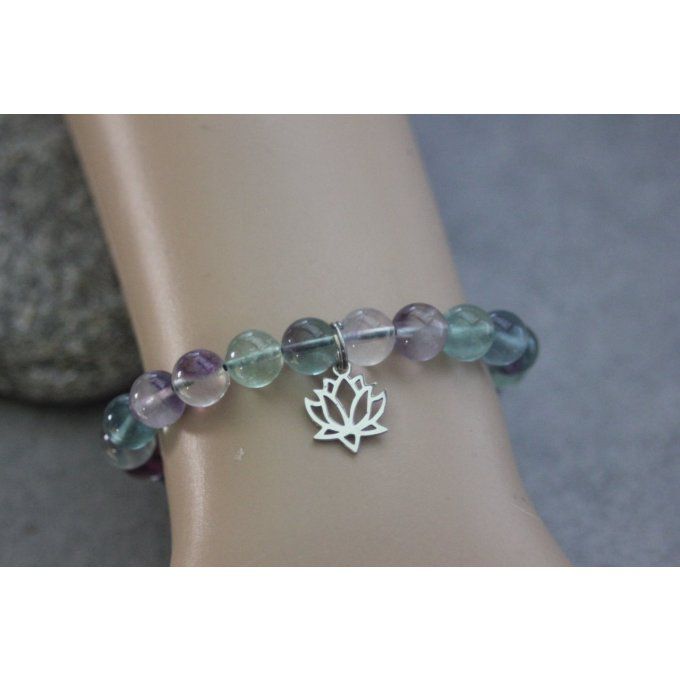 Bracelet perles fluorite et fleur de lotus en acier inoxydable