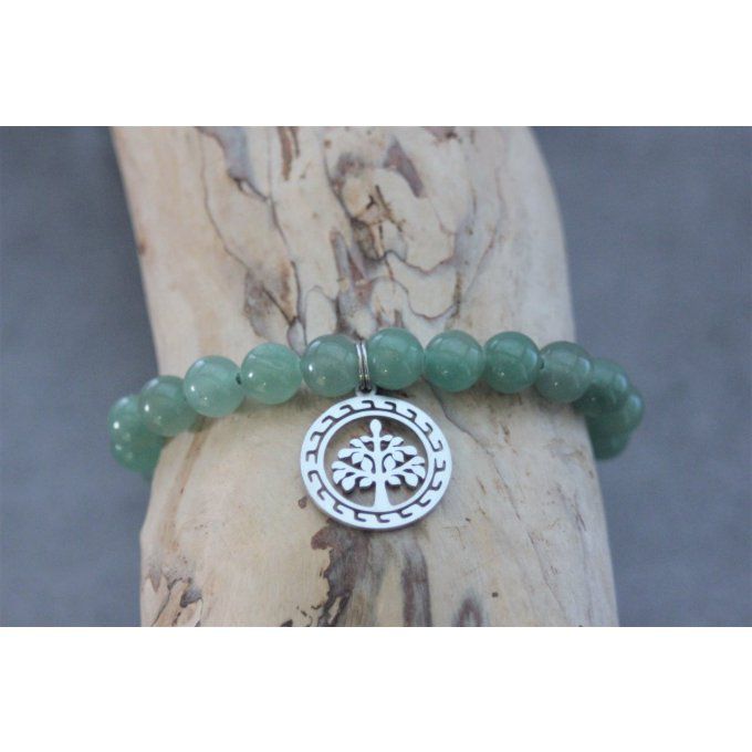 Bracelet perles aventurine et breloque arbre de vie en acier inoxydable