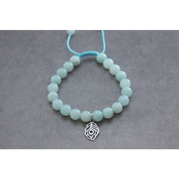 Bracelet perles amazonite et plume de paon en acier inoxydable