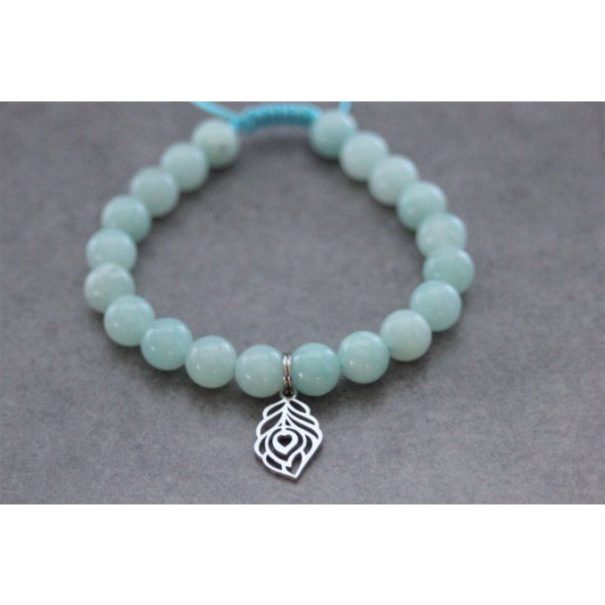 Bracelet perles amazonite et plume de paon en acier inoxydable