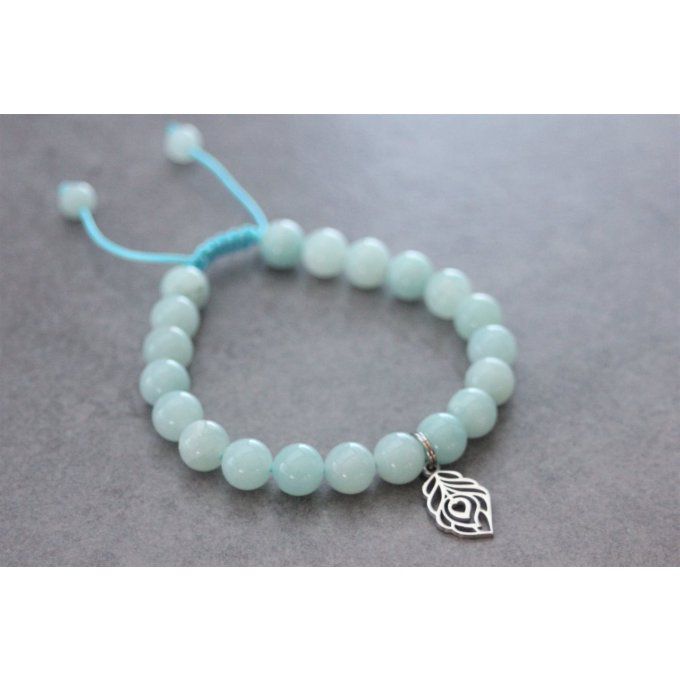 Bracelet perles amazonite et plume de paon en acier inoxydable