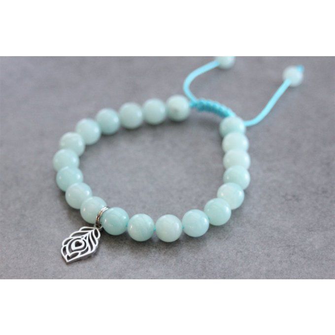 Bracelet perles amazonite et plume de paon en acier inoxydable