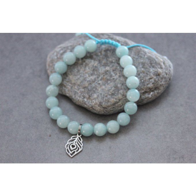 Bracelet perles amazonite et plume de paon en acier inoxydable