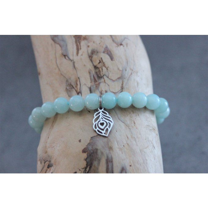 Bracelet perles amazonite et plume de paon en acier inoxydable