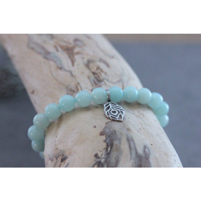 Bracelet perles amazonite et plume de paon en acier inoxydable