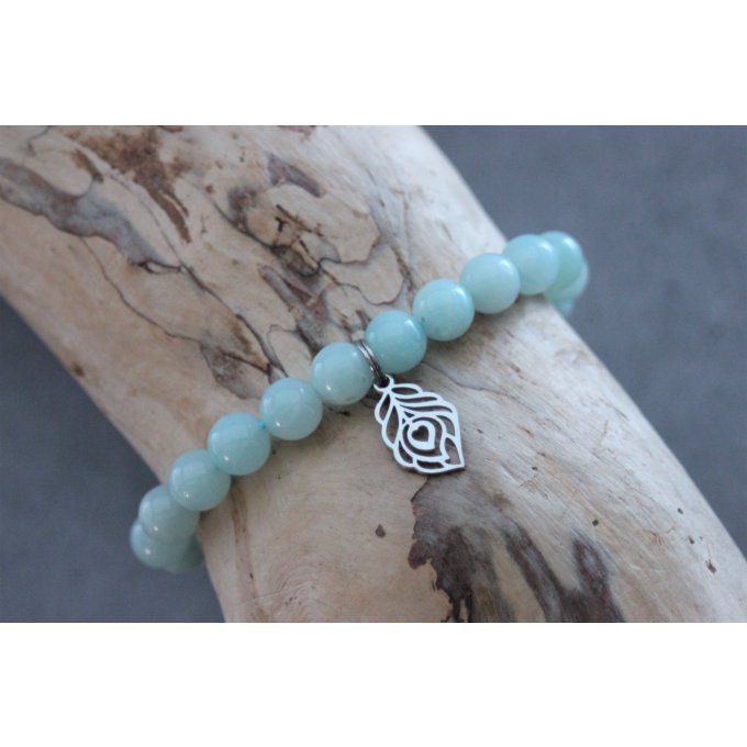 Bracelet perles amazonite et plume de paon en acier inoxydable